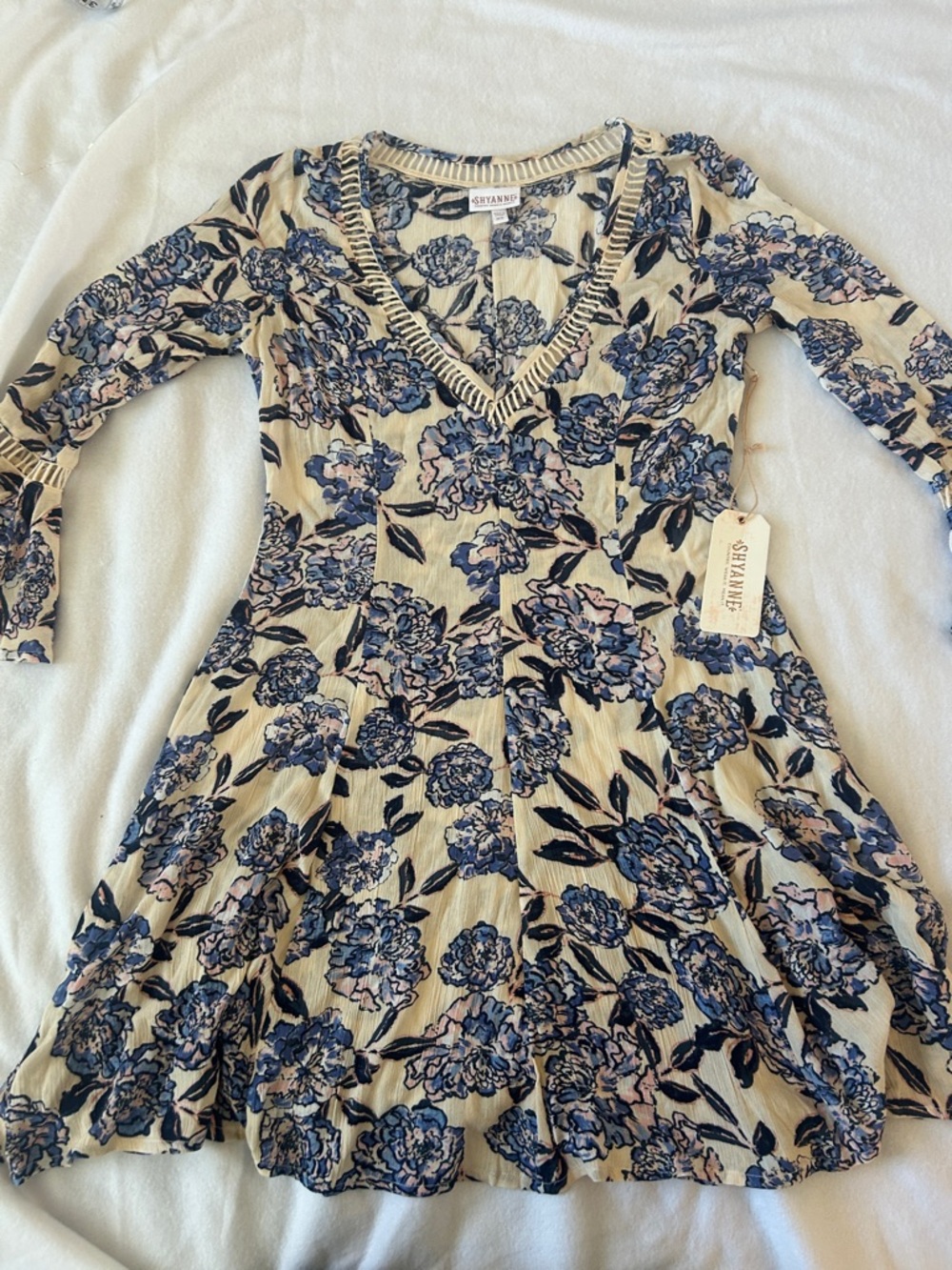 Shyanne Cream Midi Dress with Blue Floral Print